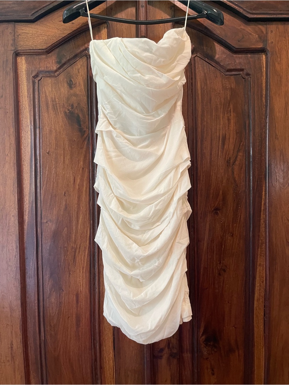 Dolce & Gabbana White Silk Corseted Strapless Ruched Midi Dress